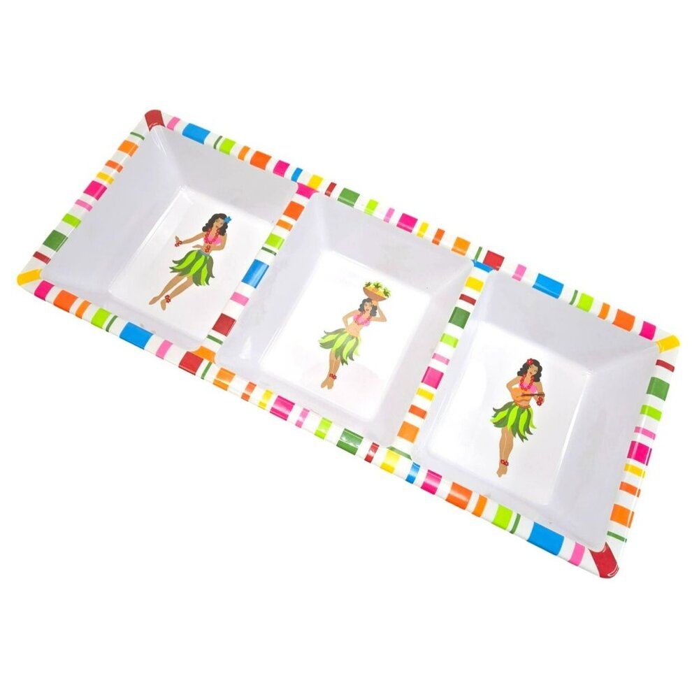 Hula Girl Divided Serving Tray Colorful Striped Border Heavy Melamine DH1367